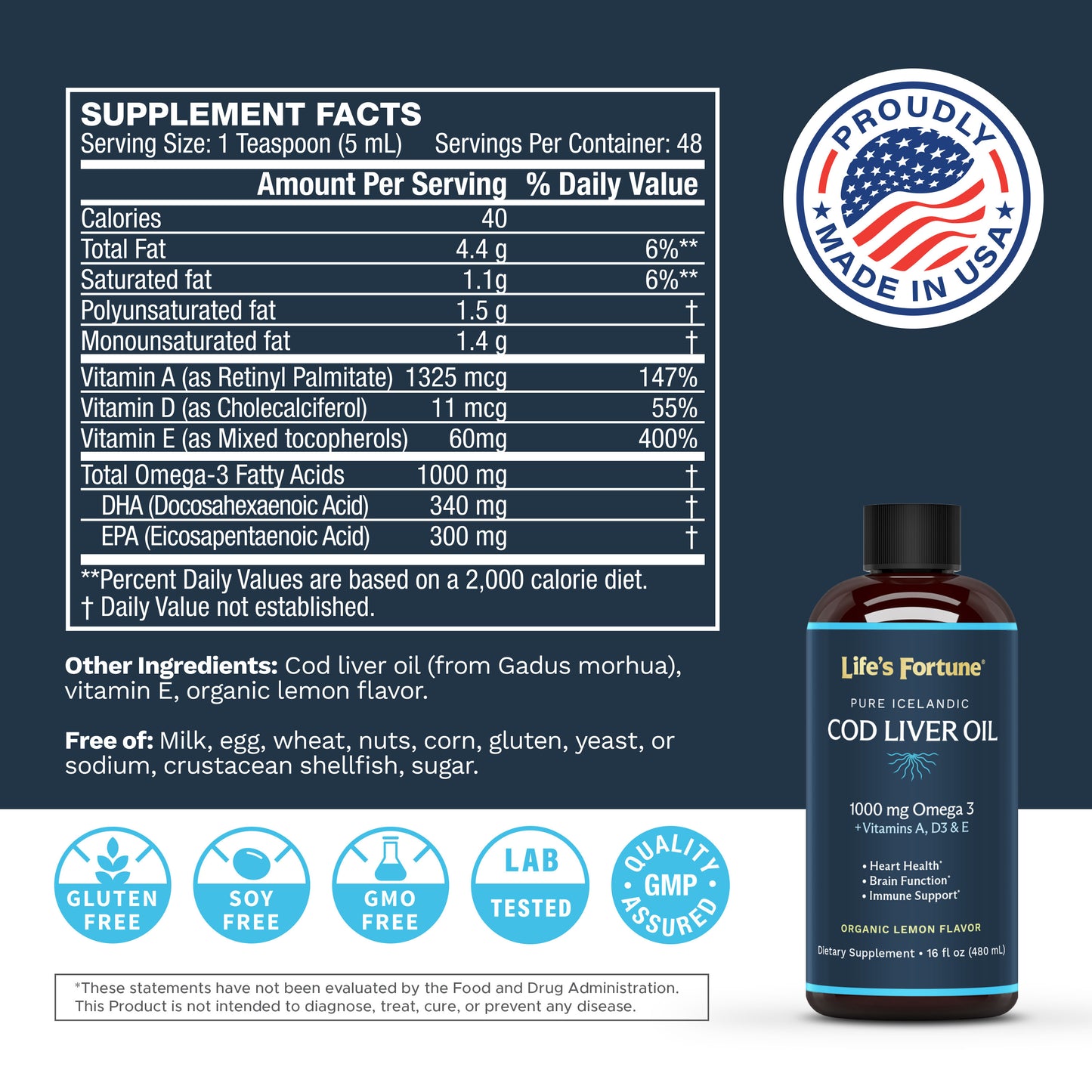 Life's Fortune Pure Icelandic Cod Liver Oil Liquid, Organic Lemon Flavor